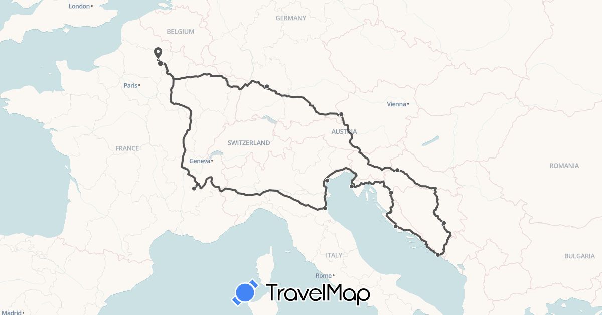 TravelMap itinerary: driving, motorbike in Austria, Bosnia and Herzegovina, Germany, France, Croatia, Italy (Europe)